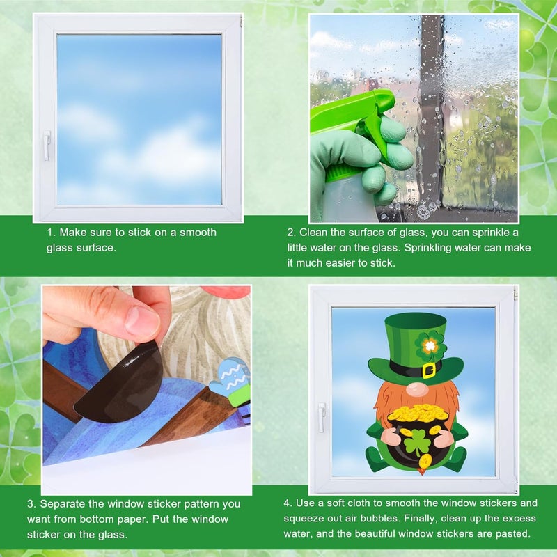 Whaline 9 Sheets St. Patrick's Day Cartoon Window Cling Stickers Cute Lucky Clover Green Shamrock Gnome Reusable Window Decals for Irish Party Home Classroom Decoration - Image 3